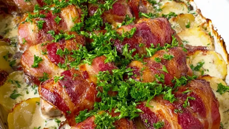Klassisk baconruller opskrift bagt i ovn med fløde, porre og kartofler