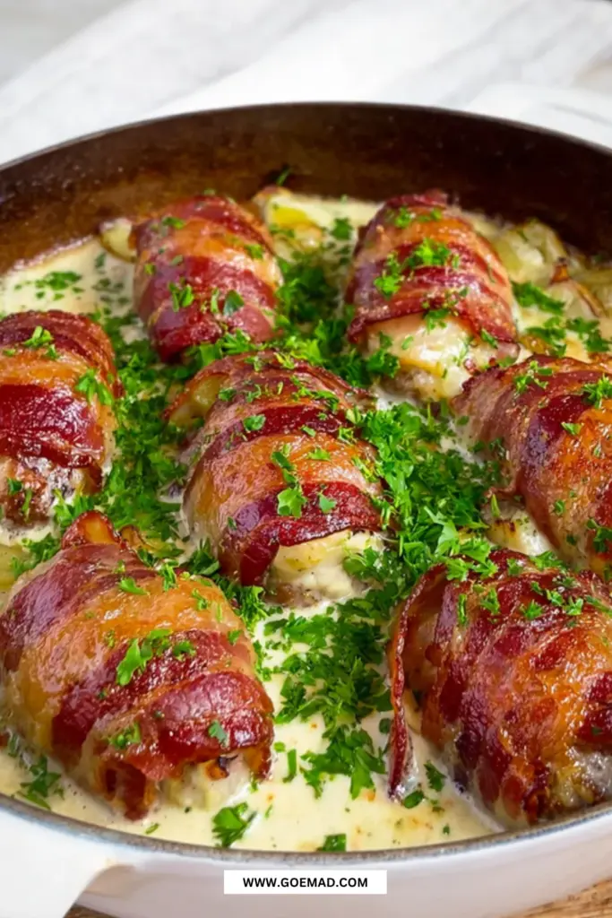 Klassisk baconruller opskrift bagt i ovn med fløde, porre og kartofler