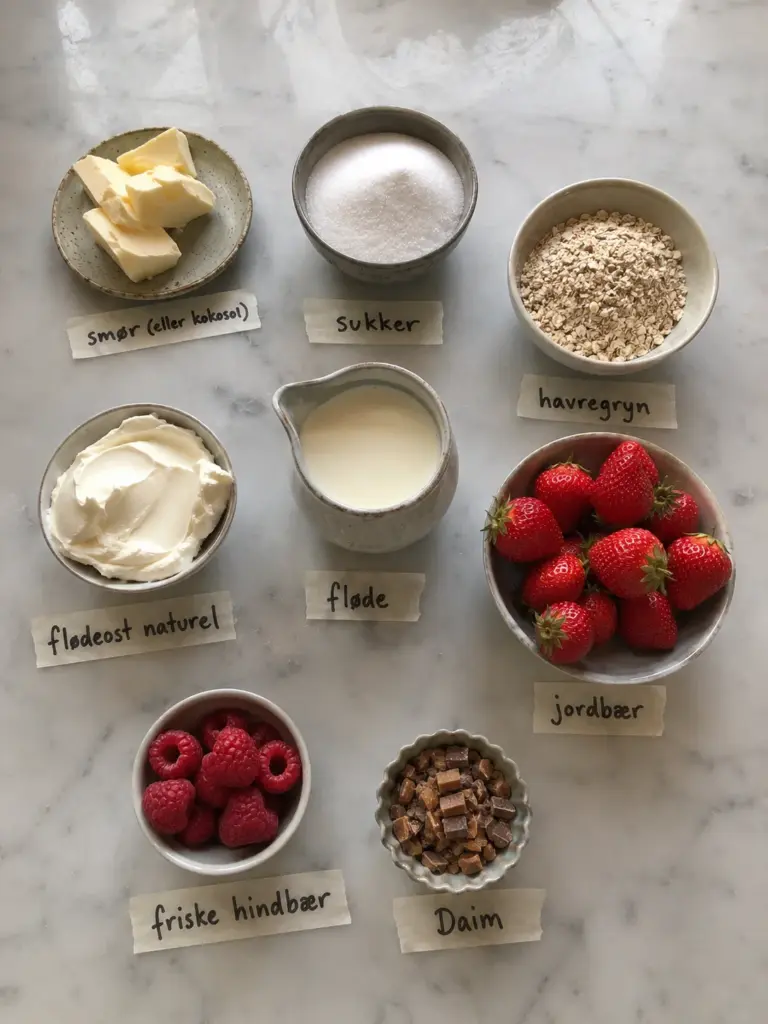 Bærdessert i glas med cheesecakecreme og havregrynsknas