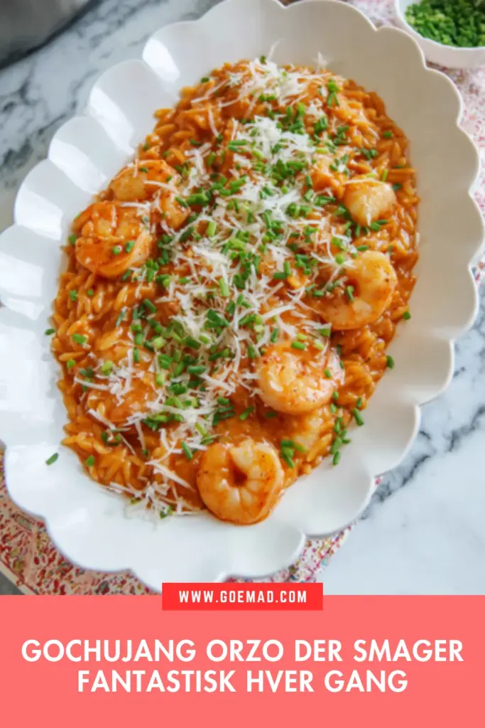 Nem gochujang orzo med rejer og parmesan til hverdagen