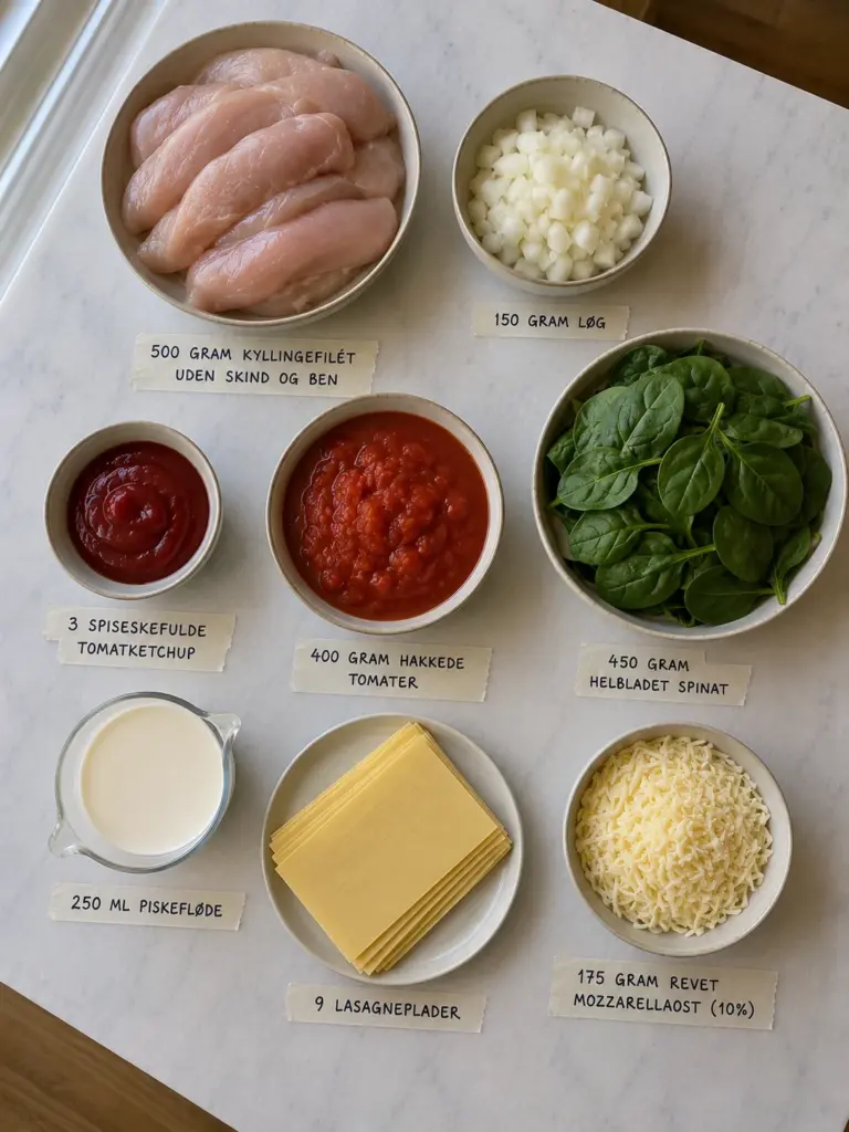 Nem kyllingelasagne med spinat og cremet tomatsauce