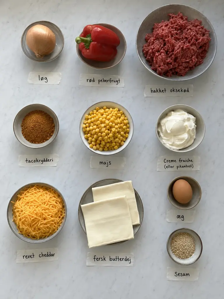 Nem taco tærte med sprød butterdej, oksekød og smeltet ost