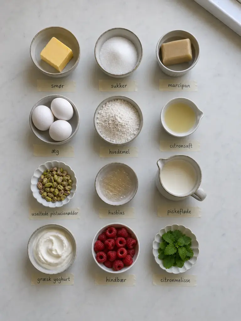 Saftig pistaciekage med citronmousse og friske hindbær