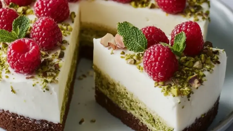 Saftig pistaciekage med citronmousse og friske hindbær