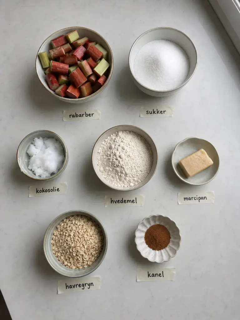 Nem rabarber crumble med sprød marcipantopping