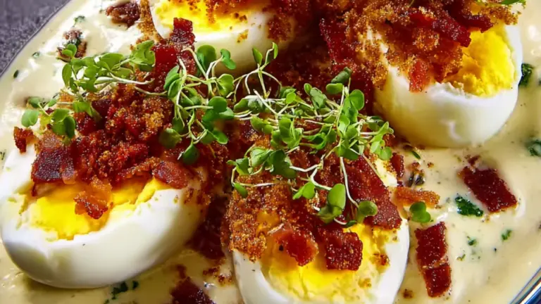 Skidne æg opskrift med sprødt bacon og varm sennepssovs