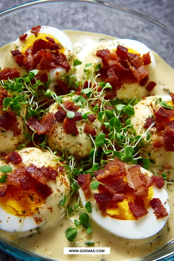 Skidne æg opskrift med sprødt bacon og varm sennepssovs