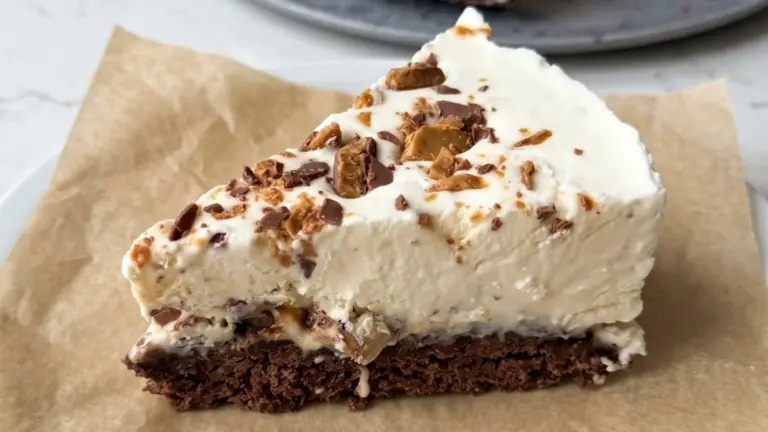 Nem daim islagkage med sprød kagebund og cremet is