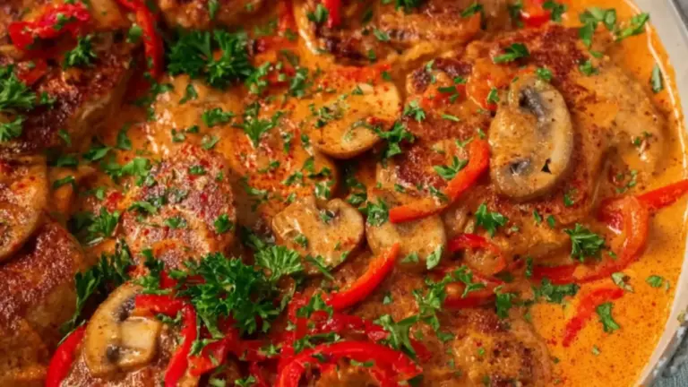 Saftig mørbradbøffer i flødesauce med bacon og svampe